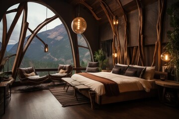 Fototapeta na wymiar eco boho interior of a hotel room with mountain view