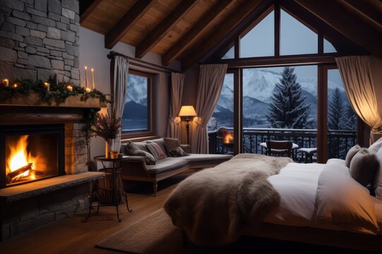 cozy chalet interior of a hotel room with mountain view in winter