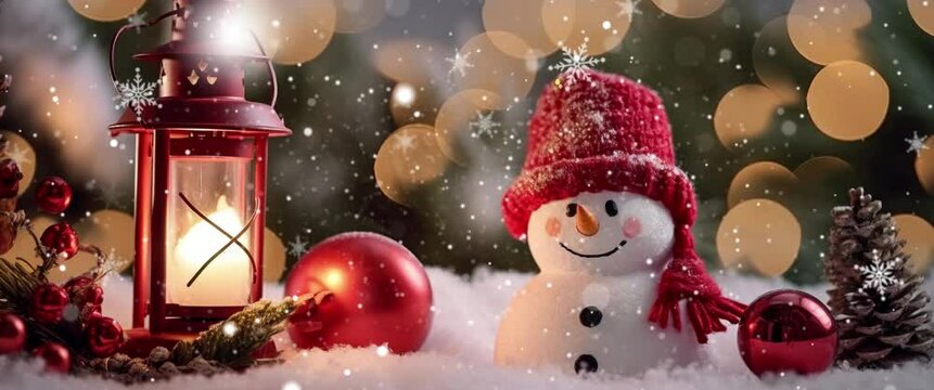 Anamorphic Video Funny Snowman Smiling on Snowfall Background. Beautiful 3d Cartoon Animation. Animated Greeting Card New Years Eve.