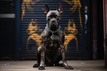 boxer dog sitting in the street. Tattoo studio banner. Animals acting like humans concept.
