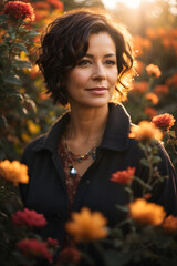 Beautiful mid age attractive woman with black short hair in a flower garden during late autumn sunset with warm sunlight flare. Image created using artificial intelligence.