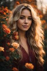 Naklejka premium Beautiful gorgeous 20 aged woman with blonde long hair in a flower garden during late autumn sunset. Image created using artificial intelligence.