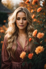 Fototapeta premium Beautiful gorgeous 20 aged woman with blonde long hair in a flower garden during late autumn sunset. Image created using artificial intelligence.