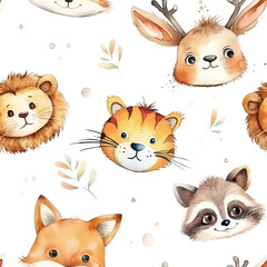 Watercolor seamless pattern with cute cartoon animal heads