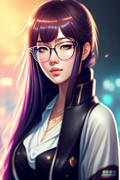 Girl portrait 1girl, rimless glasses, blunt bangs, portrait, anime, anime style, waifu,