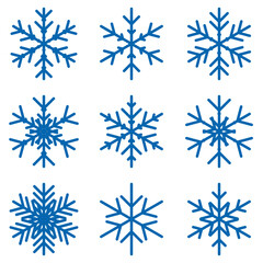 Fototapeta na wymiar Set of winter snowflakes pictograms. Six pointed fluffy snowflakes symbol of winter weather and festive mood. Simple vector icons isolated on white background