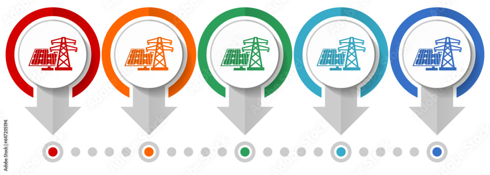 Fototapete Solar panel, clean energy, power vector icon set, flat design infographic template, set pointer concept icons in 5 color options for webdesign and mobile applications