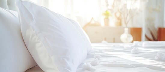 Clean white pillows and bed sheets arranged in a nicely made bed with a close up view in a beauty room with lens flare from sunlight