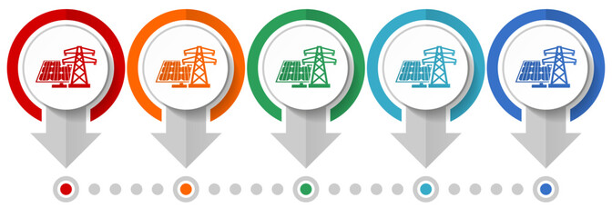 Solar panel, clean energy, power vector icon set, flat design infographic template, set pointer concept icons in 5 color options for webdesign and mobile applications