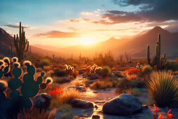 Desert Sunrise: Golden Light Over Cactus and Grass - obrazy, fototapety, plakaty
