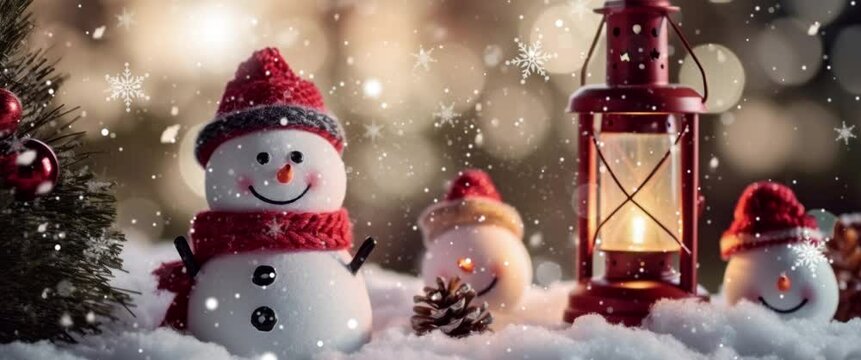 Anamorphic Video Funny Snowman Smiling on Snowfall Background. Beautiful 3d Cartoon Animation. Animated Greeting Card New Years Eve.
