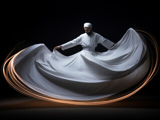 Whirling Dervish in spiritual ecstasy, flowing white garments, long exposure for motion blur