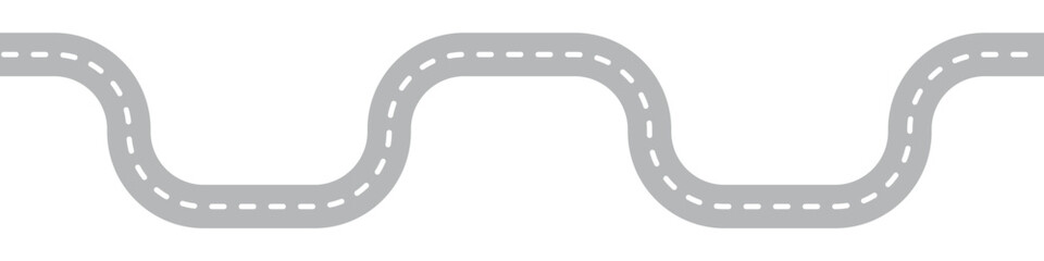 Repeating seamless pattern of winding zigzag asphalt road isolated on transparent background. Simple vector design element for infographics, posters, banners, web, etc. Editable highway line thickness