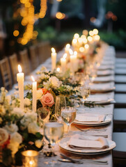 Reception table setup, micro wedding, elegant china, floral arrangements, candlelight, shallow depth of field