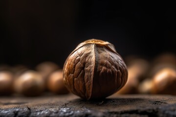 Magnificent macro shot of a single candlenut placed on a textured surface under diffused natural light