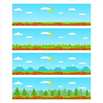 A set of pixelated seamless landscape background with sky, clouds, sun, mountains, trees, bushes, rocks, snow, earth to create various scenes and levels in 8 bit games. Pixel art game background.