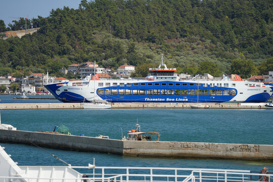 Thassian Sea Lines logo. ferry that transports tourists from the island of Thassos to the port of Keramoti. photo taken on August 22, 2023 in Thassos, Greece.