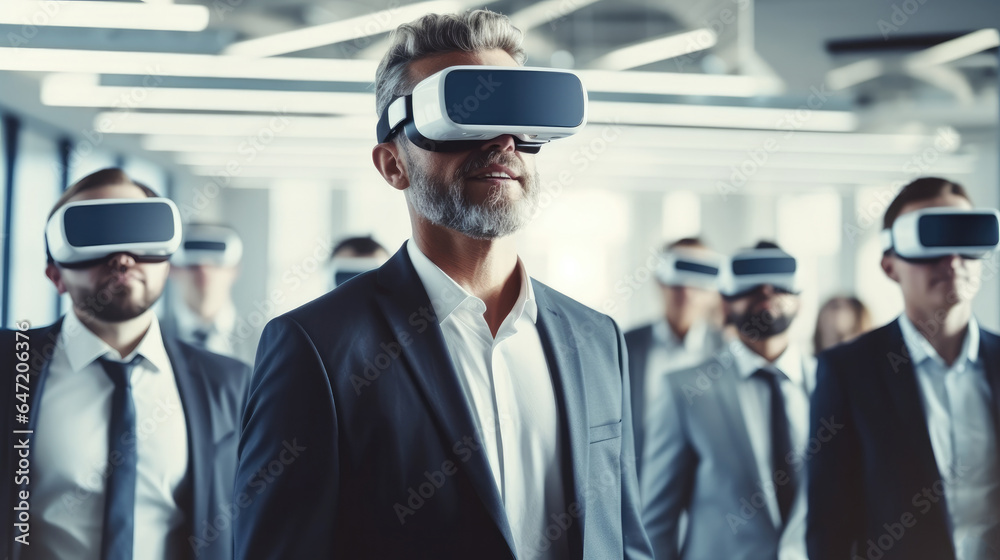 Aufkleber Businessman wearing VR glasses with team, Technology VR virtual with business software development team testing experience while using VR device together.