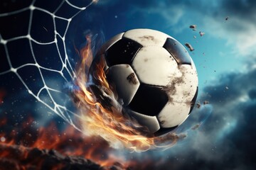 Football flying into goal net.