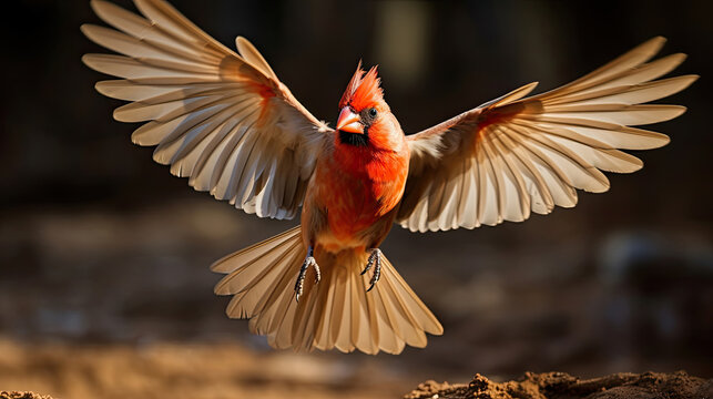 Fully Splayed Wings In Motion, A Northern Cardinal Male Taking Flight Creating A Slight Motion Blur, Cardinalis cardinalis