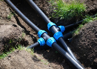 PVC pipeline in garden and black pipes in ground. Garden watering system and country sewerage...
