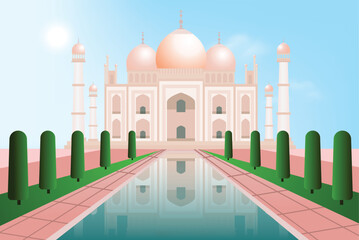 The Taj Mahal famous place in India clear day south bank of the Yamuna river in the Indian city of Agra, Uttar Pradesh.