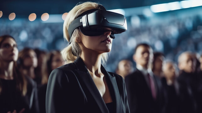 Senior Business Manager Woman Attend Meeting Wearing VR Virtual Goggle Glasses Standing In Auditorium Convention Hall, Virtual Reality Demonstration.