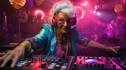 Cool grandma DJing at a party, merging generations through music