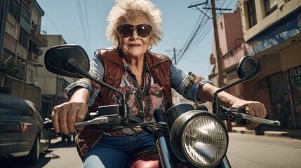 Cool grandma on a motorcycle, embodying a spirit of adventure and freedom