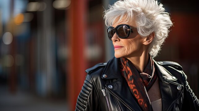 Cool grandma sporting sunglasses and a leather jacket, showcasing her youthful spirit