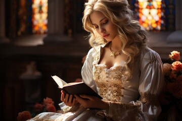 portrait of a young girl in church reading the holy bible