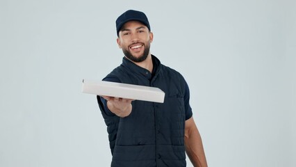 Happy man, pizza and delivery for food, order or takeout in transport service against a studio background. Portrait of male person or courier guy with box, meal or customer purchase in ecommerce