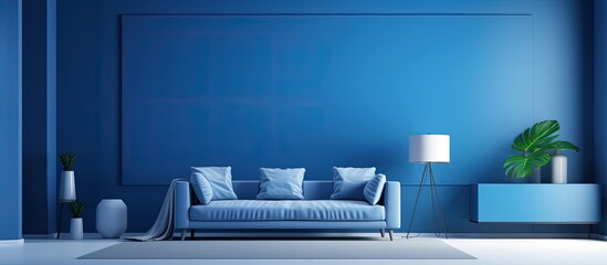 Blue room with modern interior and furnishings on a blue background ing