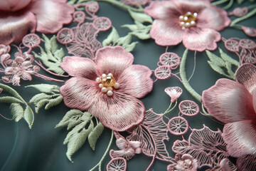 Transcendent Textile Artistry: A Mesmerizing Macro Shot of Exquisite Handmade Embroidered Organza, Unveiling Delicate Stitches and Intricate Floral Patterns in Whimsical Beauty.
