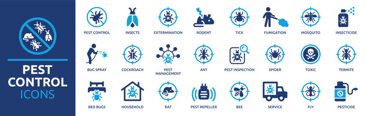 Pest control icon set. Containing insect, extermination, bug, pesticide, insecticide, service, spray, rat and termite. Solid icon collection. Vector illustration. - obrazy, fototapety, plakaty