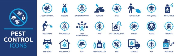 Zelfklevend Fotobehang Pest control icon set. Containing insect, extermination, bug, pesticide, insecticide, service, spray, rat and termite. Solid icon collection. Vector illustration. © Icons-Studio