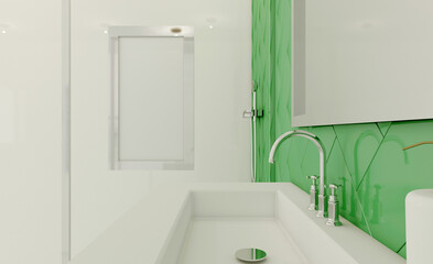 Spacious bathroom in gray tones with heated floors, freestanding tub. 3D rendering.. Mockup.   Empty paintings