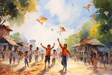 A Painting Of Group Of Indian Kids Playing With Kits On The Street, Children's Day, Childrens Day India, Children's Day India