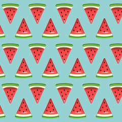 3D rendering. delicious watermelon slice Sweet summer delicious fruit. Plastic art illustration isolated pattern vector on a blue background icon set. Red and Green.