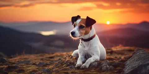 Poster Silhouette background of a beautiful happy jack russell terrier pet dog. Summer sunset, sunrise landscape banner. Dog travelling and hiking. © Sasint