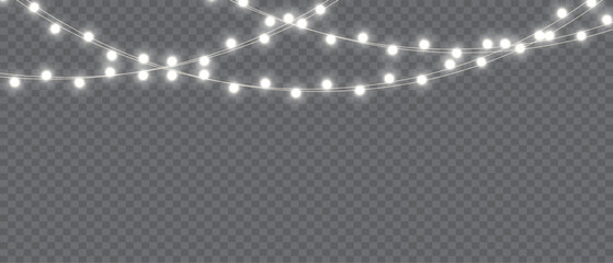 Vector Christmas Lights Magic: Realistic Isolated Design Elements for Festive Greeting Cards, Banners, Posters, and Web Design. Garland Decorations with LED Neon Lamps.