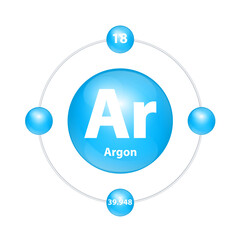 Argon (Ar) Icon structure chemical element round shape circle light blue with surround ring. Period number shows of energy levels of electron. Study science for education. 3D Illustration vector.