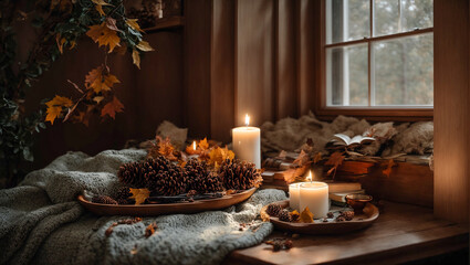 Book, candles, autumn leaves and pine cones on the background of a window