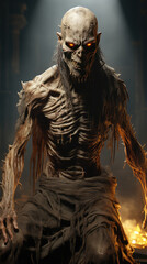 Fototapeta premium Zombie emerges from the shadows, its eyes radiating an eerie glow, hinting at its otherworldly nature and malevolent intentions. Generative AI