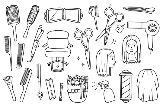 Hand-drawn rough line hair salon motif illustration set