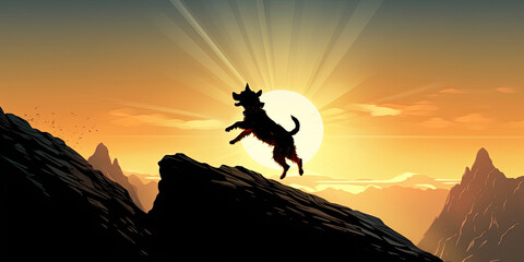 Silhouette Pet, Dog jumps on peak cliff with sunset background. Pet shop new year concept