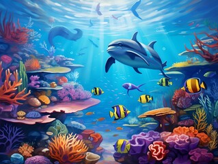 Fototapeta na wymiar Vibrant Ocean Life: Colorful Dolphin Dive