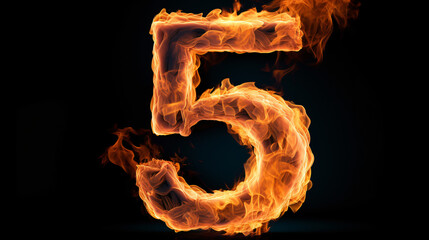 Fire alphabet number 5 five isolated on black background