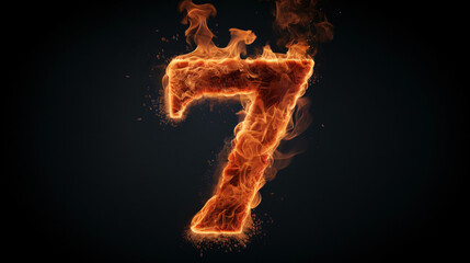 Fototapeta na wymiar Fire alphabet number 7 seven isolated on black backgound