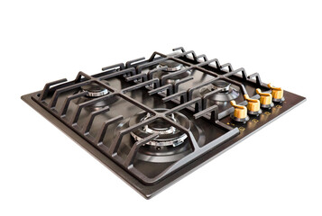 Modern gas hob stove made of steel and cast iron with golden controls using natural gas or propane for cooking products, isolated on white background.
